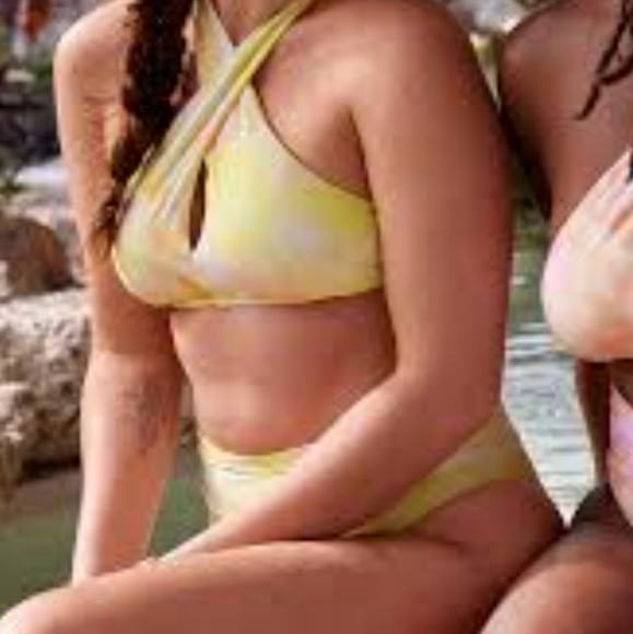 Aerie Bikini Womens S Yellow Crossover Keyhole Halter High Cut Cheeky Bottom NWT - Picture 3 of 16